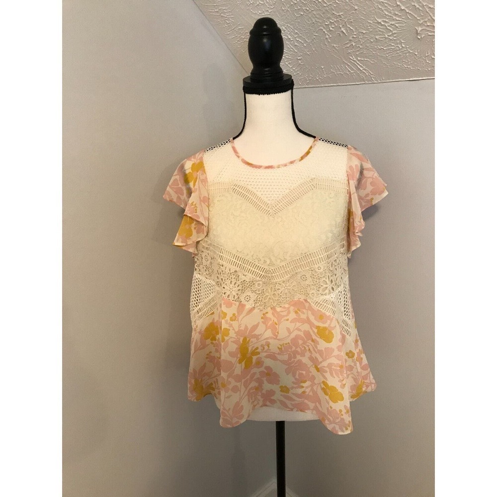 Anthro HD in Paris Flores Lace Blouse Size 0 Flutter Sleeve Floral Eyelet Top - Picture 2 of 8